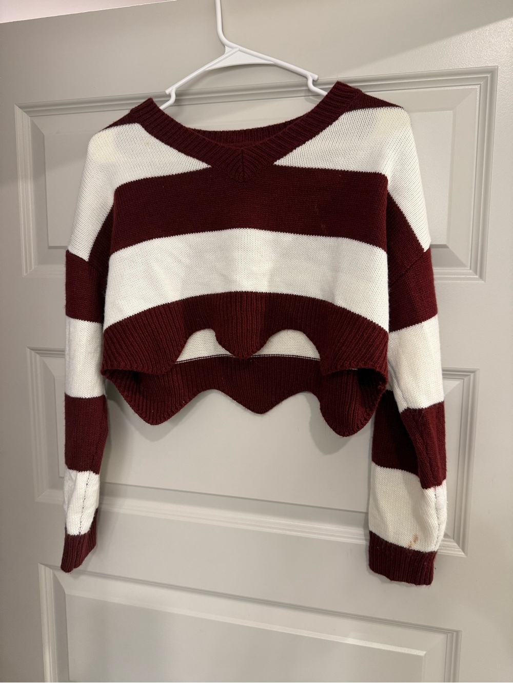 Striped Maroon and White Cropped V-Neck Sweater